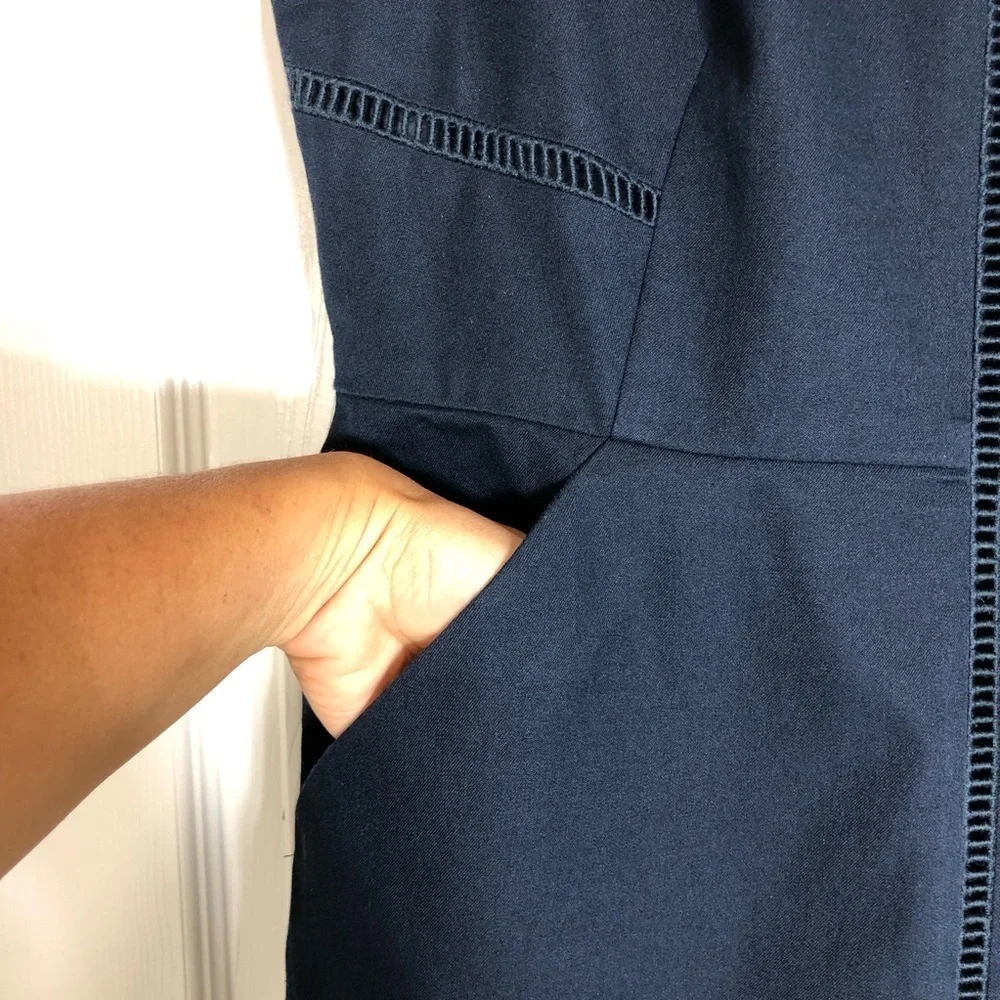 J Crew Cotton Blend Navy‎ Blue Ladder Stitch Pockets Sheath Career Dress 10P